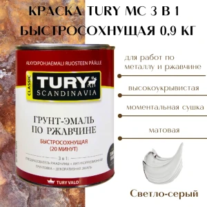 90358663 Грунт-эмаль по ржавчине 3 в 1 Tury 00020014522 цвет светло-серый 0.9 кг STLM-0856260