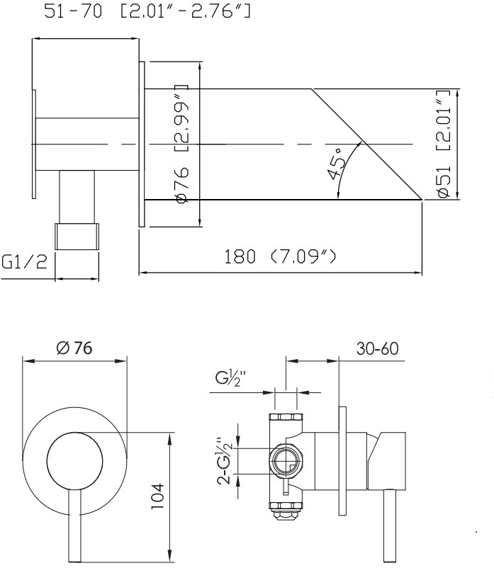 JEE-O Смеситель для умывальника настенный из нержавеющей стали на 2 отверстия Pure 006-0000 / 006-0001 - Вид №2