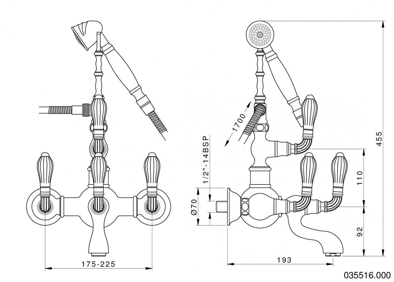 Bronces Mestre Настенный смеситель для ванны на 2 отверстия с ручным душем Artica with porcelain 035516.000.50 - Вид №1