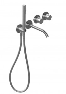 Y120B+R021A  Встраиваемый смеситель для ваннывылет 15 см ручка переключатель на 2 потока с поворотной кнопкой ручная лейка FIT шланговое подсоединение с держателем для ручной лейки гибкий шланг 150 см ПВХ впуски 1/2'' Fantini Rubinetti AA/27 НЕРЖАВЕЮЩАЯ С