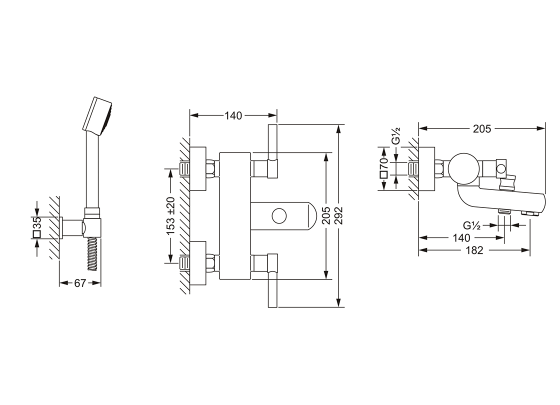 Смеситель для ванны с душевым гарнитуром ½“, настенный монтаж JOERGER Charleston Square 634.20.100.000 - Вид №1