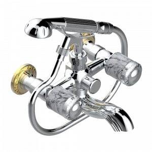 U97-13B Смеситель для ванны настенный на 2 отверстия с ручным душем и шлангом - 150 мм между центрами Thg-paris Malmaison Howlite Хром-золото