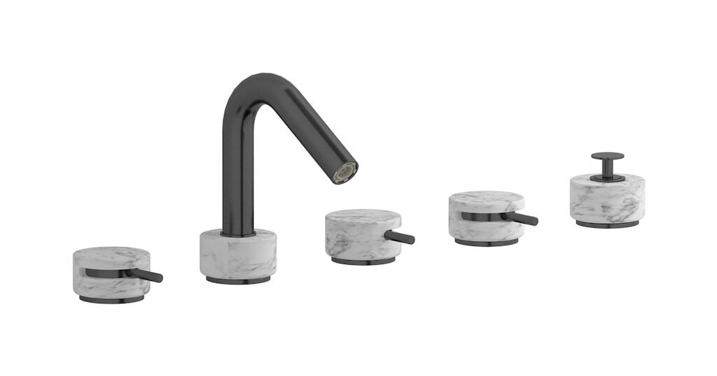 Смеситель на бортик ванной на 5 отверстий с дивертером и душевым гарнитуром. WE ARE IB mr396cs_1 Brushed Black Chrome Marmo