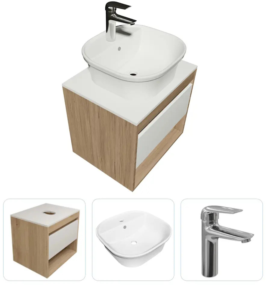 91765329 Комплект Teymi 3 в 1: Тумба Ritta 55 дуб эврика/белый матовый + раковина Solli 43 накладная / врезная с полочкой + смеситель Hanna, хром F03623 STLM-0989962