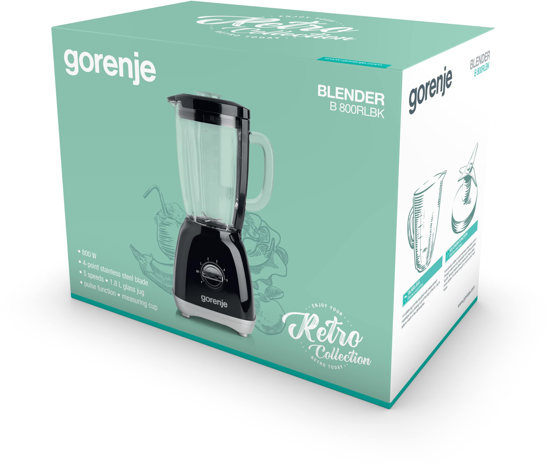 B800RLBK Блендер / мощность мотора: 800 вт количество скоростей: 5 Gorenje Santreyd  - Вид №3