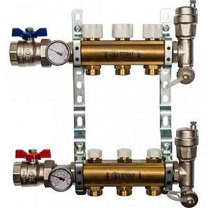 Распределительный коллектор из латуни STOUT 1" х 3/4" х 3 выхода без расходомеров