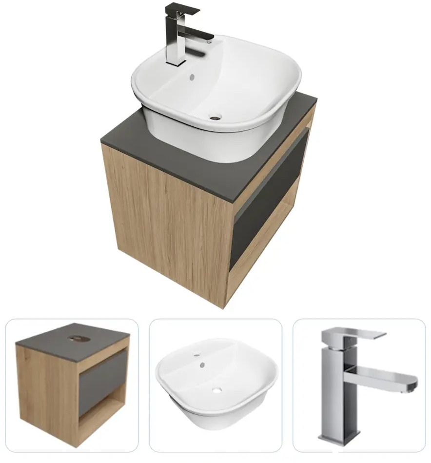 91765476 Комплект Teymi 3 в 1: Тумба Ritta 55 дуб эврика/графит матовый + раковина Solli 43 накладная / врезная с полочкой + смеситель Helmi Pro, хром F03774 STLM-0982470