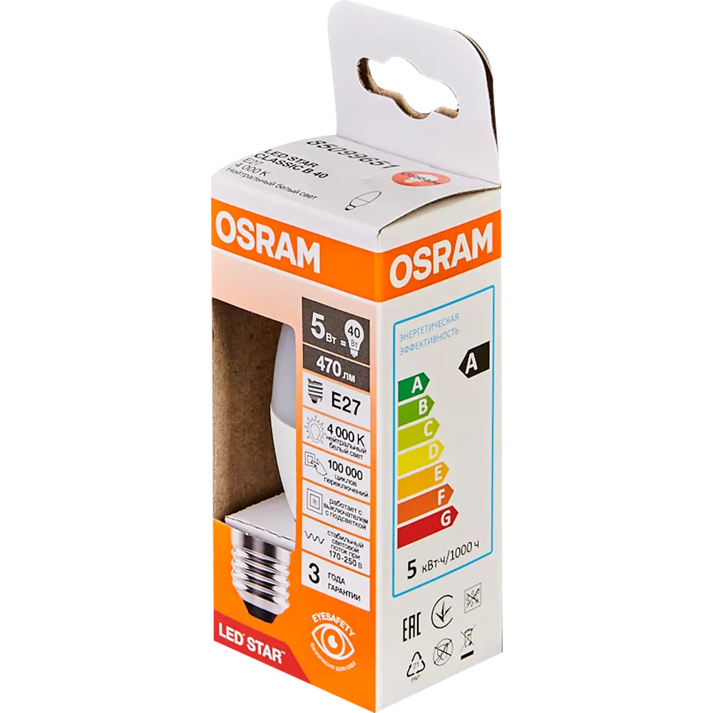 Лампа светодиодная Osram свеча 5Вт 470Лм E27 нейтральный белый свет 85099651 STLM-2167839  - Вид №3