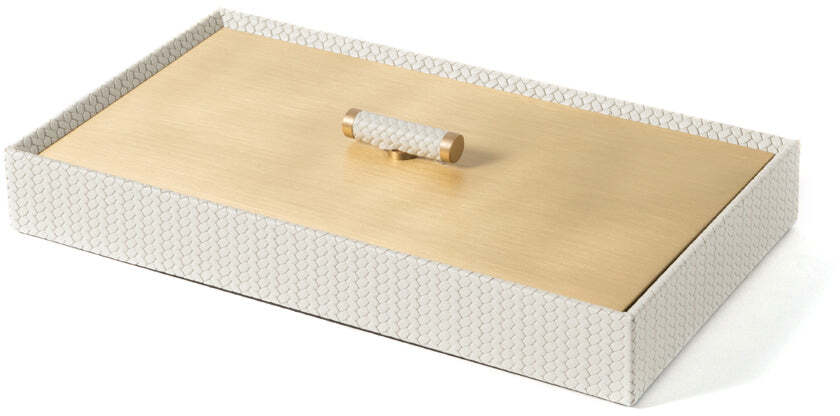 Iside Box - 27X15XH4,5 см / металлическая отделка_сатинированная латунь / плетеная кожа_светло-серый