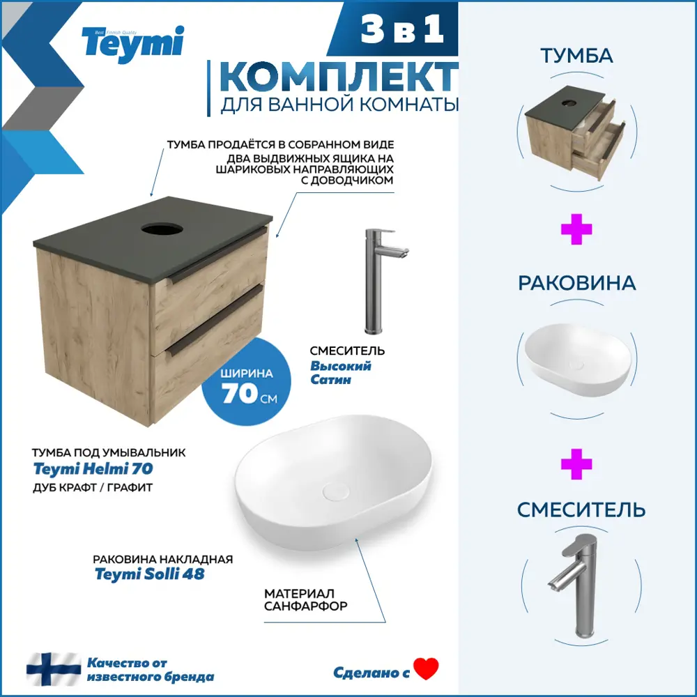 91573522 Комплект Тумба Helmi F07186 70 дуб крафт/графит, раковина Solli 48 накладная, смеситель Potato высокий STLM-0979614