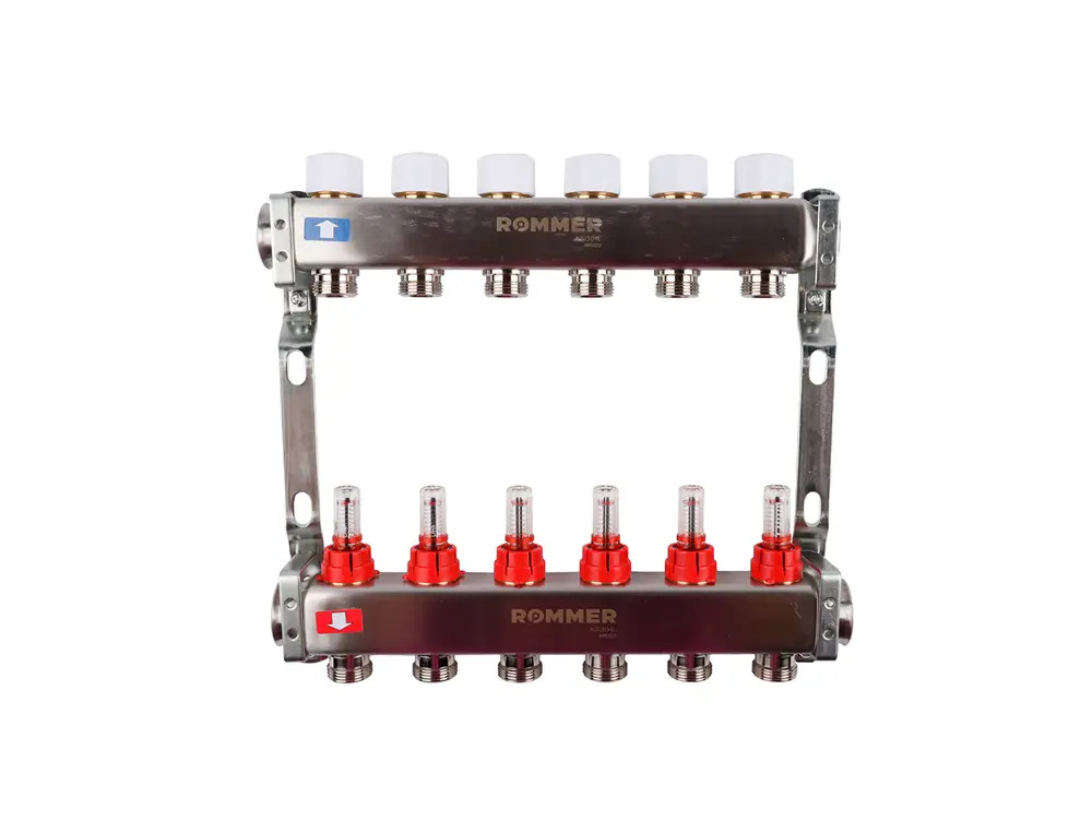 Коллектор Rommer для систем отопления 6 выходов с расходомерами 87956061