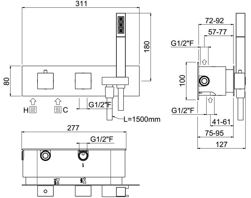 Встраиваемый термостатический смеситель для душа с ручным душем CARIMALI ilQuadro ARCH-00102658 - Вид №2