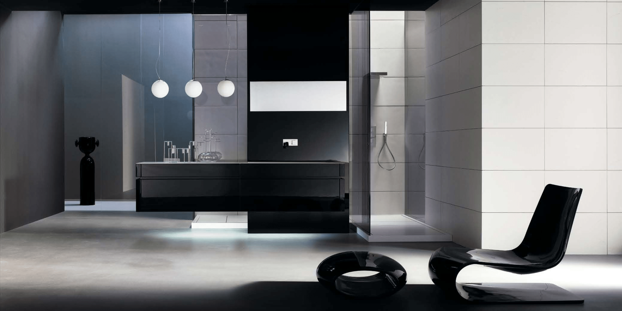 Комбинация ванной комнаты KU 57 в отделке Next 90 Corian / L68 Nero lucido MILLDUE KUBIK KUBIK57 - Вид №1