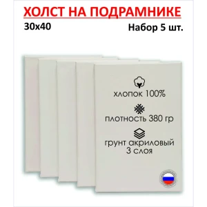 91000163 Набор холстов на подрамнике Holstpechat 30x40см (5 шт) белый крупное зерно 380 г/м хлопок STLM-0836067