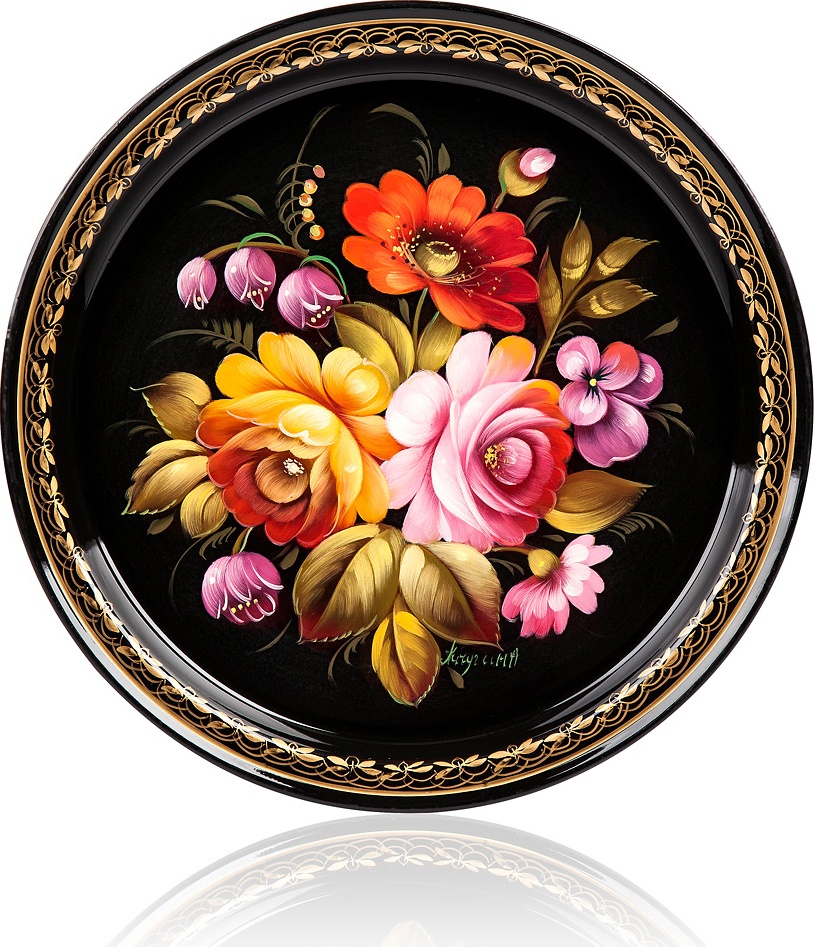 10618039 Жостовская фабрика декоративной росписи Поднос 22см НХП "Лунный" Сталь 